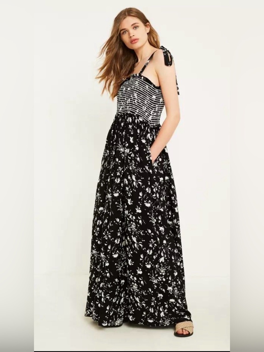 Free People Color My World Floral Wide Leg Jumpsuit Black White Size XS